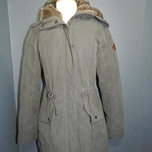 Hollister Womens Dark Green Fur Hoodie Winter Zip Up Jacket Parka Size Small